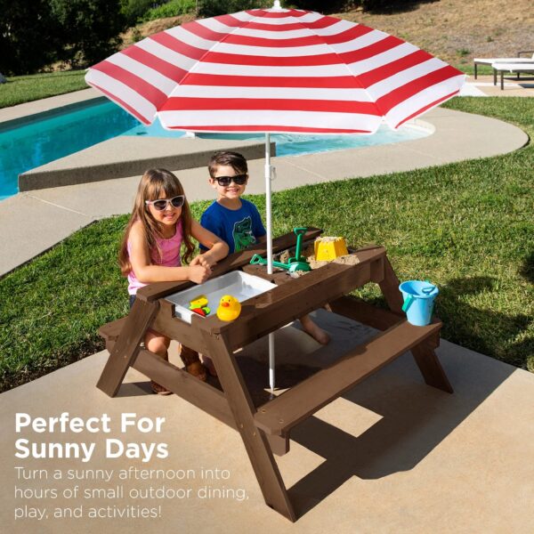 Best Choice Products Kids 3-in-1 Outdoor Convertible Activity Sand & Water Picnic Table w/ Umbrella - Walnut/Red