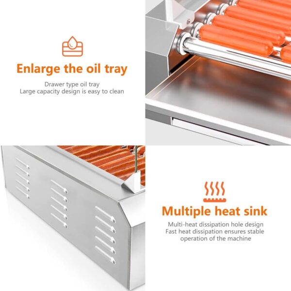 20af88e5af174963a298baa8e7b0b383 1670W Commercial Hot Dog Rollers,11 Rollers 30 Hotdog Roller Grill,Stainless Steel Hot Dog Machine With Dust Cover,Hot Dog Roller Machine With Dual Temp Control And Led Light/Detachable Drip Tray