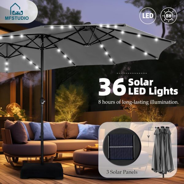 21549d88f28745d39986b6138a2c0acc 15ft Double Sided Patio Umbrella with Solar Lights, Outdoor Large Umbrellas with Crank Handle and 36 LED Lights, Rectangular Market Umbrella with Base Included for Deck Pool Shade