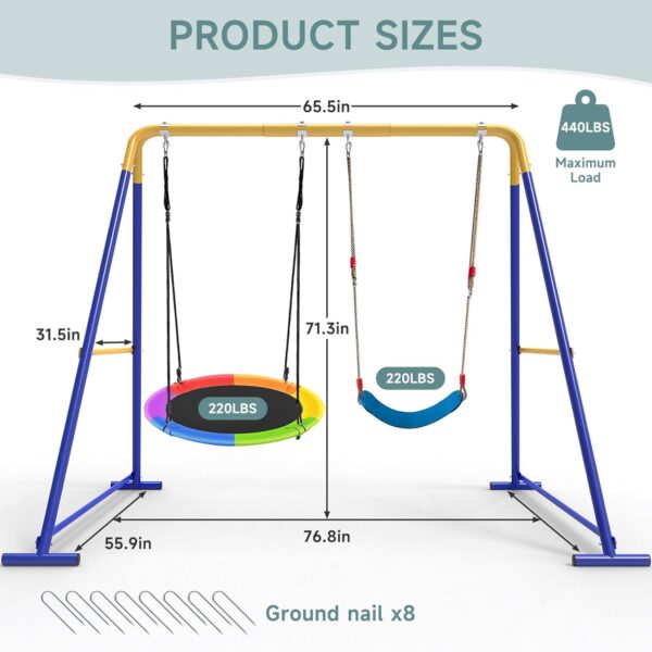 219d1993c5ad425c96193a7208b19738 Swing Sets for Backyard, Toddler Swing Set with 2 Seat 1 Saucer & 1 Belt Seat, 440lbs Heavy-Duty Swing Frame w/8 Ground Stakes, A Frame Outdoor Swingset for Kids and Adults for Backyard