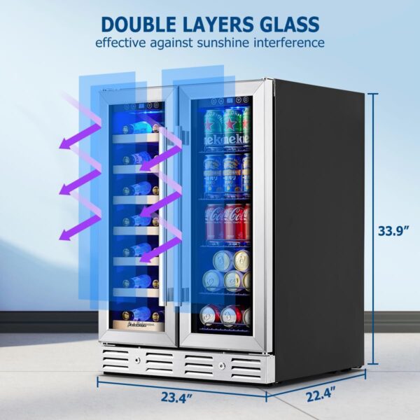219ea8679fe742abaea89b5ac0ac2b28 24 inch Wine Cooler, 46 Bottle - Dual Zone Built-in or Freestanding Fridge with Stainless Steel Reversible Glass Door, for Home, Kitchen, or Office.