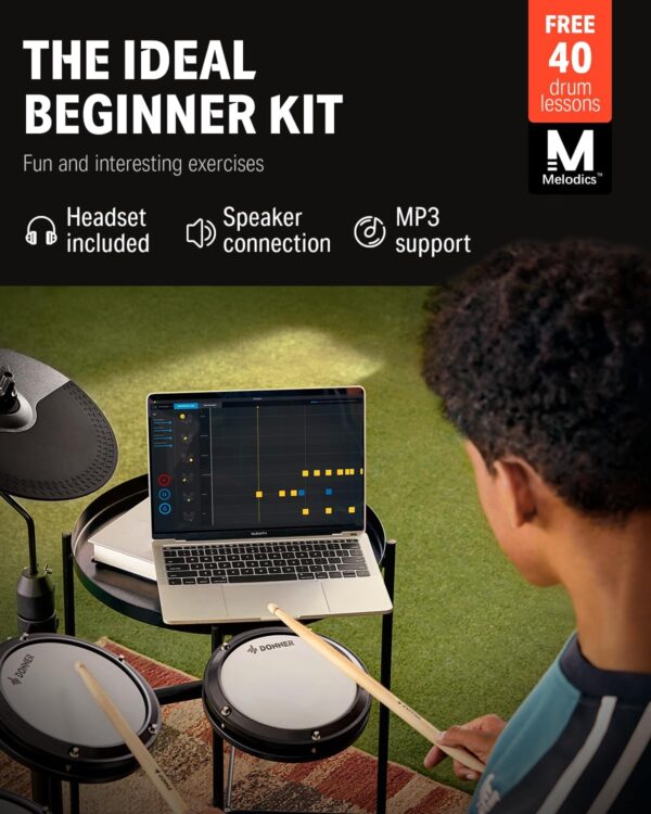 222e4e37d05f4d64a9832cecfa9af2e9 Donner DED-80 Electronic Drum Set, Electric Drum Set for Beginner with 4 Quiet Mesh Drum Pads, 2 Switch Pedal, 180+ Sounds, Throne, On-Ear Headphones, Sticks, and Melodics Lessons Included.