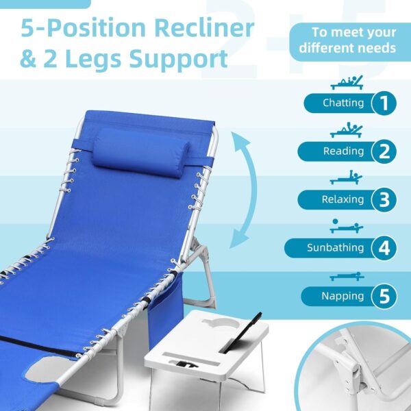2238b0cea9214c9c92c0c3d41595cb7e 3-in-1 Outdoor Sun Tanning Lounge Chair with Face Hole – 5-Position Recliner, Folding Side Table & Removable Pillow, 330lbs Capacity, Blue
