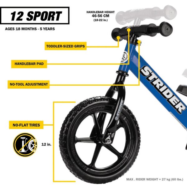 Strider - 12 Sport Balance Bike, Ages 18 Months to 5 Years - Blue