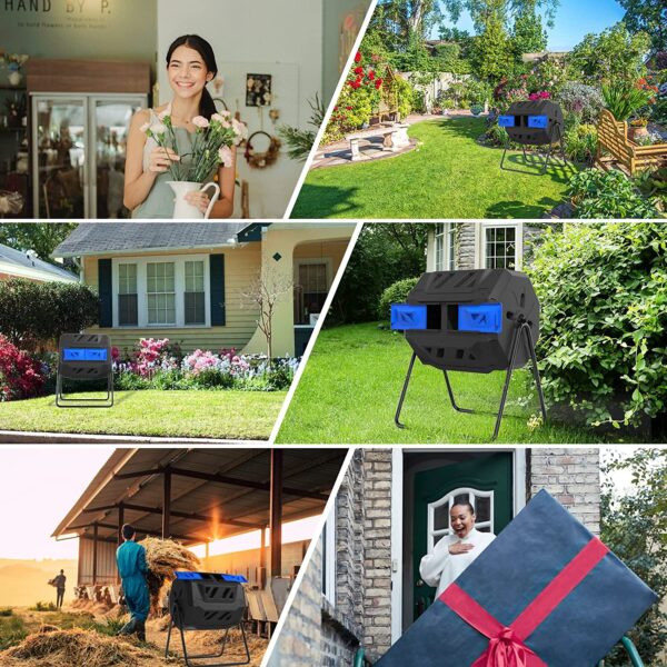 23503cfcf77c436a8380f8ae5368ee00 Large Compost Tumbler Bin Dual Compartment Better AirCirculation Efficient Compost BPA Free Sturdy Steel Frame 43Gallon (2 21.5Gal) Blue Door