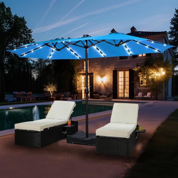 2353f5d8640d48939bbc487c605908bf 15 ft Large Patio Umbrella with Solar Lights Double-Sided Outdoor Rectangle Market Umbrellas with 36 LED Lights/Base Included/Easy Crank for Patio Garden Yard Pool Lawn, Brown