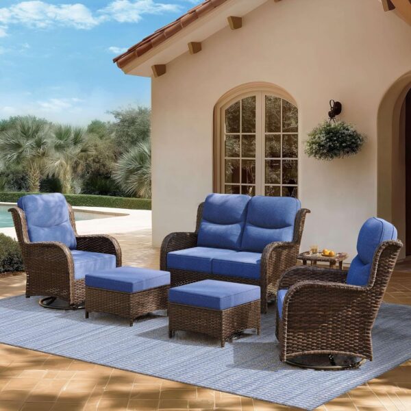 236a44b8b673478f88b16b1c8e897c6a Outdoor Swivel Rocker Patio Chairs with 6-Inch Thick Cushions and Side Table, 3PCS High Back Wicker Patio Furniture Set for Porch, Balcony, Deck and Yard in Blue