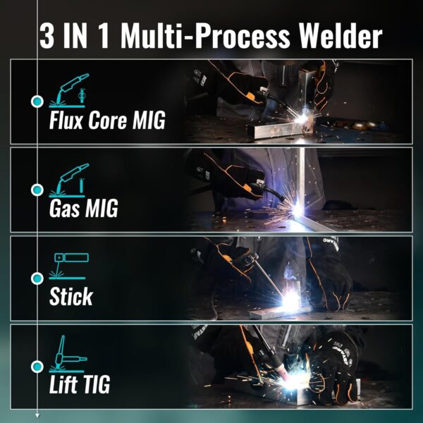 23a44d458b7b439b80a766823c7a7fbd 145A MIG Welder, 110V/220V Dual Voltage Gas/Gasless Flux Core MIG Welder/Lift TIG/Stick 3 in 1 Synergic MIG145 9GEN Welding Machine, Flux/Solid Welder Digital Screen Display