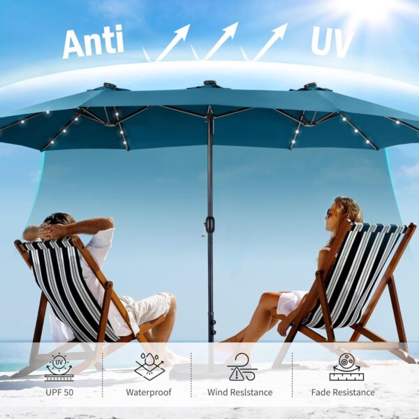 23c64a618f0a44a6ad5977f6cd806248 15ft Double Sided Patio Umbrella with Solar Lights, Outdoor Large Umbrellas with Crank Handle and 36 LED Lights, Rectangular Market Umbrella with Base Included for Deck Pool Shade