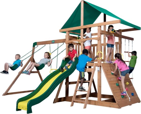 23c9ea8dd5a042eba94c59812ecd1ca7 Backyard Discovery Mount Mckinley Cedar Wood Swing Set with Wave Slide, Play Deck, Double Rock Wall, Rope Ladder, Web Swing, Belt Swings, Toy Telescope, Steering Wheel, Sandbox Area, Outdoor Playset