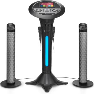 Portable WiFi Karaoke Machine for Adults – Black Pedestal with 7” Touchscreen, Built-In Speaker, Bluetooth, Recorder & 2 Wired Microphones