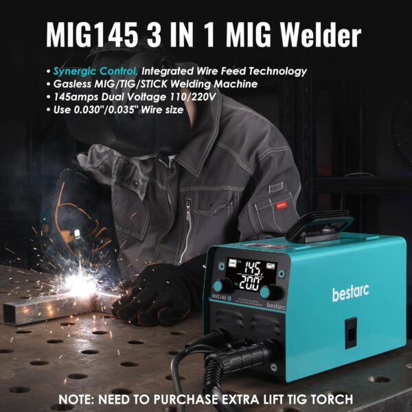 24b514e29d4344b5aff4ef7782bda2ab 145A MIG Welder, 110V/220V Dual Voltage Gas/Gasless Flux Core MIG Welder/Lift TIG/Stick 3 in 1 Synergic MIG145 9GEN Welding Machine, Flux/Solid Welder Digital Screen Display