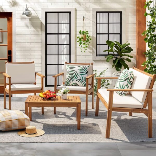 256f66e9e770464890f5192f036bf11a Patio Furniture 4 Piece Outdoor Acacia Wood Patio Conversation Sofa Set with Table & Cushions Porch Furniture for Deck, Balcony, Backyard