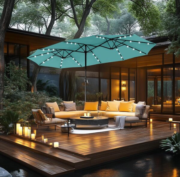 258f5617d65e4420a81a60a00c7b9934 15ft Double Sided Patio Umbrella with Solar Lights, Outdoor Large Umbrellas with Crank Handle and 36 LED Lights, Rectangular Market Umbrella with Base Included for Deck Pool Shade