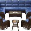 Outdoor Swivel Rocker Patio Chairs with 6-Inch Thick Cushions and Side Table, 3PCS High Back Wicker Patio Furniture Set for Porch, Balcony, Deck and Yard in Blue