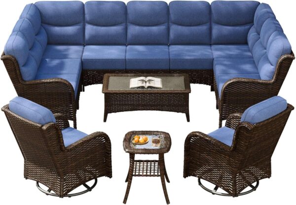 2763e4907db5431497114a16e9a877fe Outdoor Swivel Rocker Patio Chairs with 6-Inch Thick Cushions and Side Table, 3PCS High Back Wicker Patio Furniture Set for Porch, Balcony, Deck and Yard in Blue