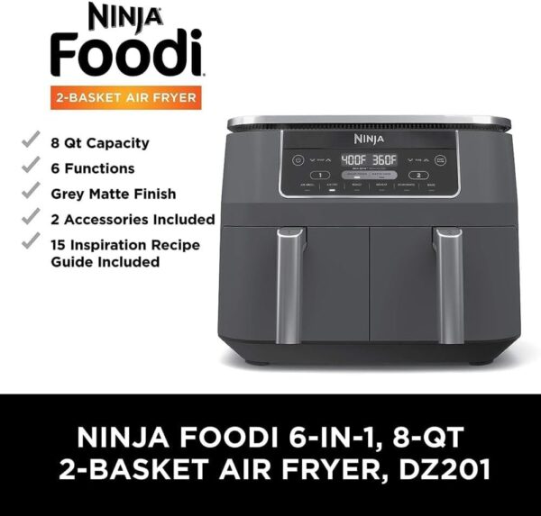 27801498582a4fb2a0b26742b668bc33 DZ401 Foodi 10 Quart 6-in-1 DualZone XL 2-Basket Air Fryer with 2 Independent Frying Baskets, Match Cook & Smart Finish to Roast, Broil, Dehydrate for Quick, Easy Family-Sized Meals, Grey