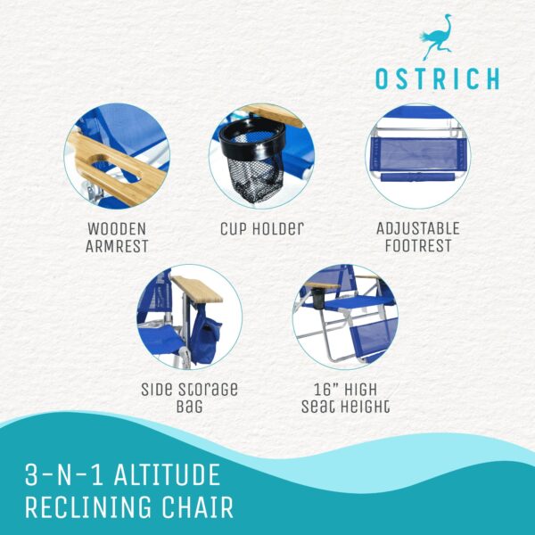 Ostrich 3-N-1 Altitude Outdoor Lounge Reclining Beach 16-Inch Height Chair, Blue