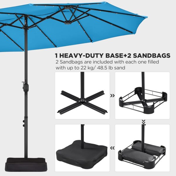 27efc49fa4b54acab8ec05d25621d198 15 ft Large Patio Umbrella with Solar Lights Double-Sided Outdoor Rectangle Market Umbrellas with 36 LED Lights/Base Included/Easy Crank for Patio Garden Yard Pool Lawn, Brown