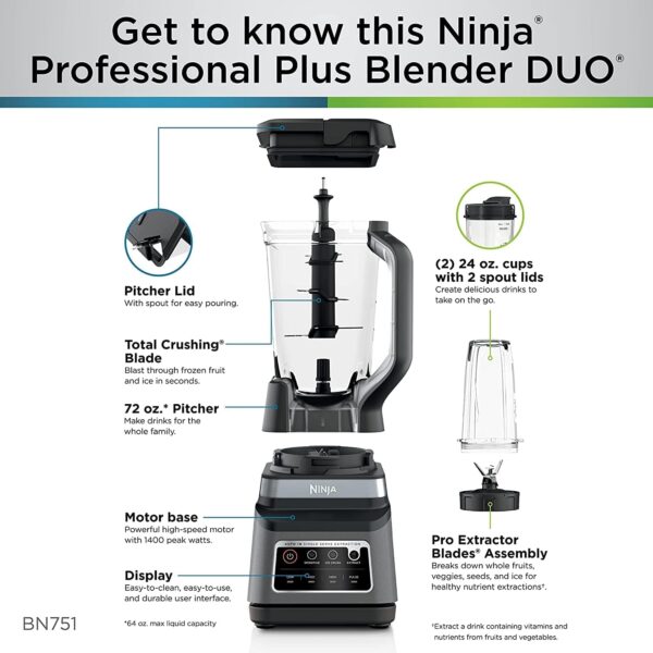 285bbd8644d34dafbd09adc7aa11499b BN801 Professional Plus Kitchen System, 1400 WP, 5 Functions for Smoothies, Chopping, Dough & More with Auto IQ, 72-oz.* Blender Pitcher, 64-oz. Processor Bowl, (2) 24-oz. To-Go Cups, Grey