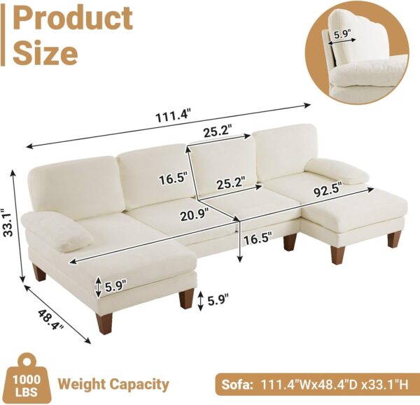 28f390f29d5b423f99184f73f8d4d02f 110" Sectional Couches for Living Room,U Shaped Couch with Double Chaise, 4-Seat Sofa Set with Chenille Fabric for Home Furniture,Beige