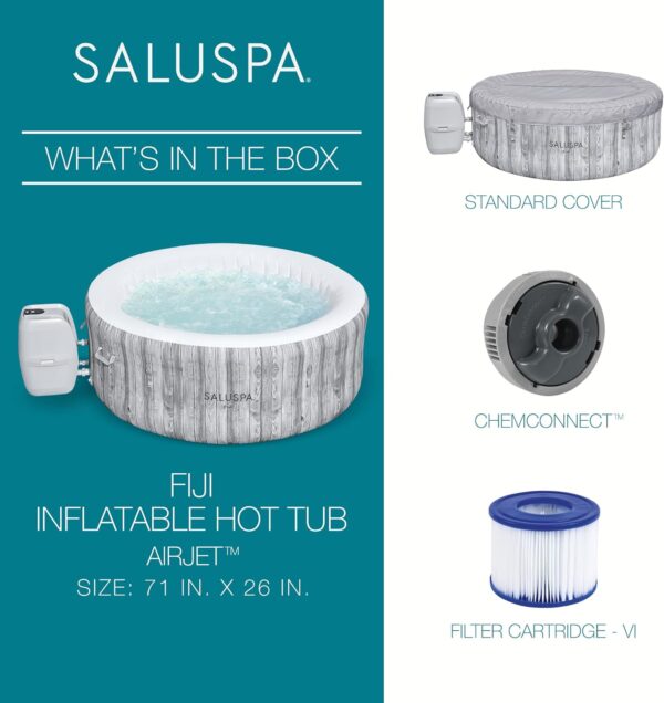 28fe38a27b0f48e4bdc90d68eeba5f63 Bestway SaluSpa Fiji AirJet Large Round 2 to 4 Person Inflatable Hot Tub Portable Outdoor Spa with 120 AirJets and EnergySense Cover, Grey