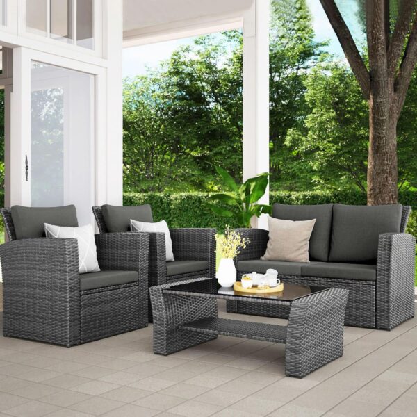 290583ef4a5c4457a0ce4cbc508f768b Wisteria Lane 4 Piece Outdoor Patio Furniture Sets, Wicker Conversation Set for Porch Deck, Grey Rattan Sofa Chair with Cushion (Blue