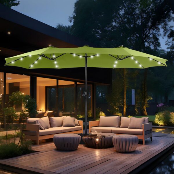 292b9300e6de40af96a73f478b2a2de8 15ft Double Sided Patio Umbrella with Solar Lights, Outdoor Large Umbrellas with Crank Handle and 36 LED Lights, Rectangular Market Umbrella with Base Included for Deck Pool Shade