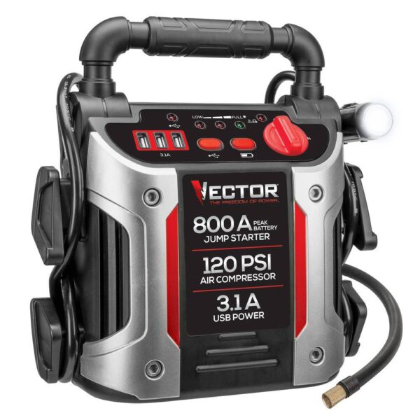 29d04bae61a6488288eead8ddfe08f21 VECTOR 800 Peak Amp Jump Starter 120 PSI Air Compressor Three USB Charging Ports Rechargeable