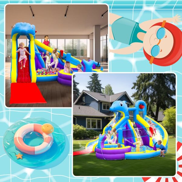 29d41a8b0089453dad9e6eb0151226ef 11-in-1 Inflatable Water Slide & Dolphin Bounce House w/2 Long Slides, 19.7 Ft x 13.1 Ft Extra Large Waterslide Climbing Wall w/Small Deeper Pool,Water Cannons,Hoop for Kids Backyard,550W Blower