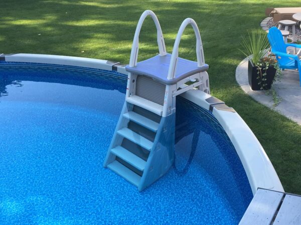 29e81475eee1488aa34716ad79c87f83 Confer Plastics 7200 Roll Guard 48" to 56" Adjustable A Frame Safety Ladder for Above Ground Outdoor Patio Swimming Pool Platform Ladder with Step Barrier, Warm Grey…