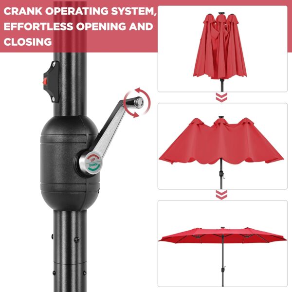 29e8ecd5336e47998b10c8b3476a8dc1 15 ft Large Patio Umbrella with Solar Lights Double-Sided Outdoor Rectangle Market Umbrellas with 36 LED Lights/Base Included/Easy Crank for Patio Garden Yard Pool Lawn, Brown