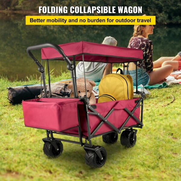 2b0aad947962473d9eb3a63395304ab5 Red Collapsible Wagon Cart with Canopy, 360° Wheels, Adjustable Handles, 220 lbs Capacity for Beach & Garden