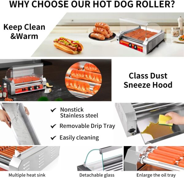 2b3aa04bcc0a43b5a3918f94098ccc4d 1670W Commercial Hot Dog Rollers,11 Rollers 30 Hotdog Roller Grill,Stainless Steel Hot Dog Machine With Dust Cover,Hot Dog Roller Machine With Dual Temp Control And Led Light/Detachable Drip Tray