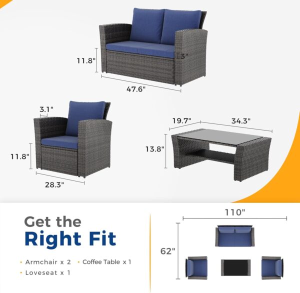 2ce83f3a819c469f9ebe941dce38f795 Wisteria Lane 4 Piece Outdoor Patio Furniture Sets, Wicker Conversation Set for Porch Deck, Grey Rattan Sofa Chair with Cushion (Blue