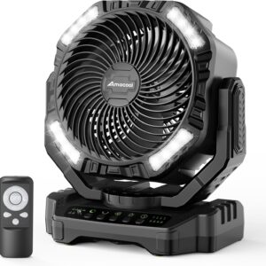40000mAh Rechargeable Camping Fan, Battery Operated Fan with Light & Remote, 12" Portable Outdoor Fan, Auto Oscillating Battery Powered Floor Fan for Tent RV Car Travel Jobsite Hurricane Power Outages