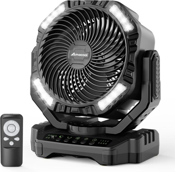 2d0bede95f964790a7264ef3f2ff2061 40000mAh Rechargeable Camping Fan, Battery Operated Fan with Light & Remote, 12" Portable Outdoor Fan, Auto Oscillating Battery Powered Floor Fan for Tent RV Car Travel Jobsite Hurricane Power Outages