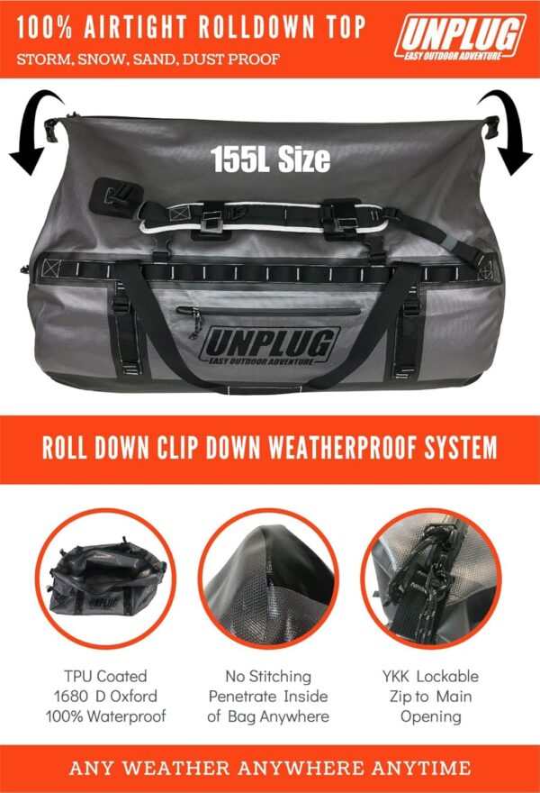 2d1b34368f624396b3a868b439eb368c UNPLUG Ultimate Adventure Bag -1680D Heavy Duty Waterproof Travel Duffel Bags for Camping, Motorcycle Dry Bag, Waterproof Bags for Boating, Waterproof Duffle Backpack,Tactical Duffle Bag