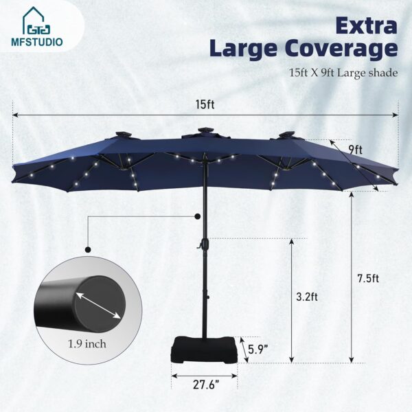 2d404d689e874303ac9f2b87203595e0 15ft Double Sided Patio Umbrella with Solar Lights, Outdoor Large Umbrellas with Crank Handle and 36 LED Lights, Rectangular Market Umbrella with Base Included for Deck Pool Shade
