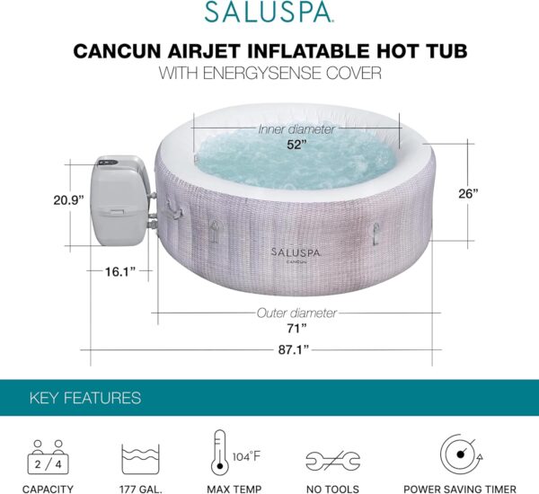 2d5df230d50f43e7a895fb5ba72ec40a Bestway SaluSpa Fiji AirJet Large Round 2 to 4 Person Inflatable Hot Tub Portable Outdoor Spa with 120 AirJets and EnergySense Cover, Grey