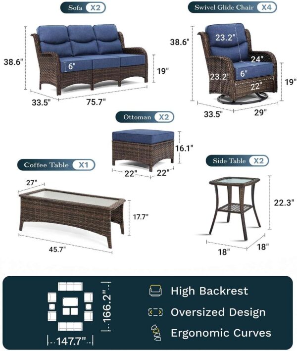 2dc311ce6e774e22b1e2ece5f4f0ad33 Outdoor Swivel Rocker Patio Chairs with 6-Inch Thick Cushions and Side Table, 3PCS High Back Wicker Patio Furniture Set for Porch, Balcony, Deck and Yard in Blue
