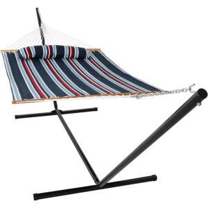 Sunnydaze 2-Person Freestanding Quilted Fabric Hammock with 15' Stand - Nautical Stripe