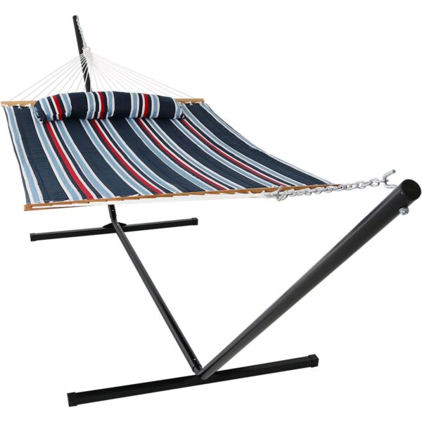 Sunnydaze 2-Person Freestanding Quilted Fabric Hammock with 15' Stand - Nautical Stripe