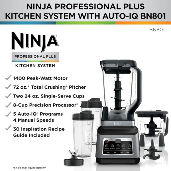 2f21d73582084aaeb10f5f1c63cc32ff BN801 Professional Plus Kitchen System, 1400 WP, 5 Functions for Smoothies, Chopping, Dough & More with Auto IQ, 72-oz.* Blender Pitcher, 64-oz. Processor Bowl, (2) 24-oz. To-Go Cups, Grey
