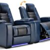 Power Home Theater Seating Set of 3, Brown Faux Leather Electric Recliner Chair with Powered Headrest, Dual Motors Movie Reclining Chairs with LED Lights,USB Port,Cup Holders, Hidden Arm Storage