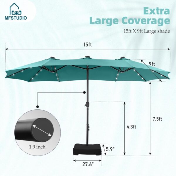 2fba2145805d41f9b142ca1c699b368e 15ft Double Sided Patio Umbrella with Solar Lights, Outdoor Large Umbrellas with Crank Handle and 36 LED Lights, Rectangular Market Umbrella with Base Included for Deck Pool Shade