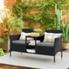 Outdoor Furniture Patio Loveseat Wicker 2-Seat with Built-in Table and Cushions Rattan Porch Chairs Bench for Balcony, Lawn, Backyard (Beige)