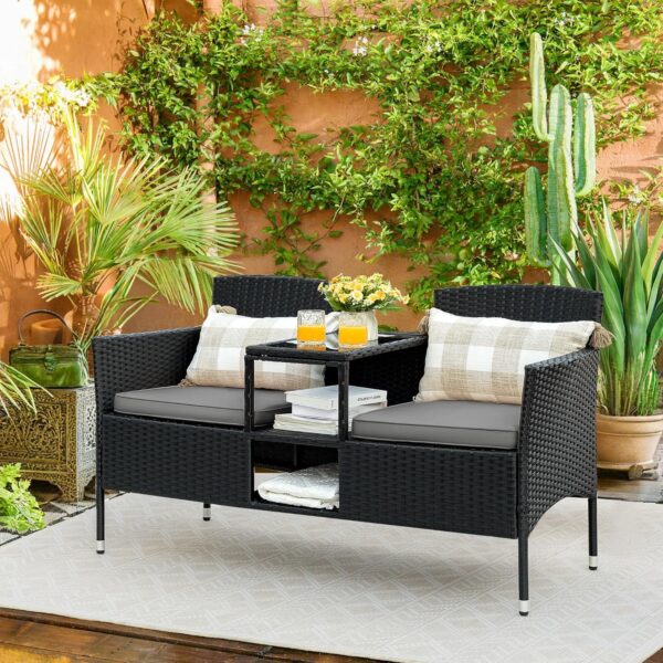300515ceca034cab8b13e0ba851a0d6c Outdoor Furniture Patio Loveseat Wicker 2-Seat with Built-in Table and Cushions Rattan Porch Chairs Bench for Balcony, Lawn, Backyard (Beige)