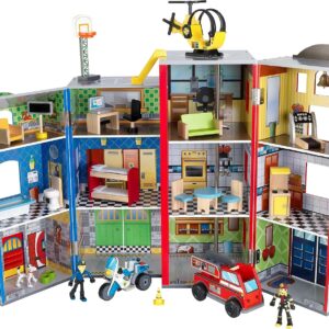 Wooden play set, 3 levels, with 26 accessories, folds for storage