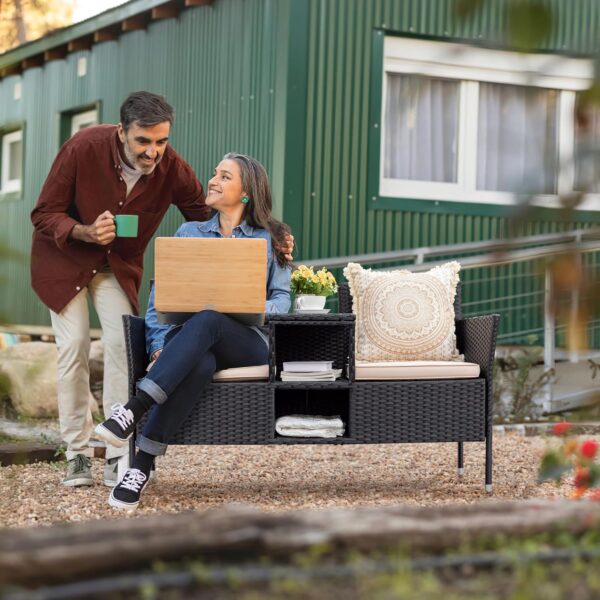 309d81e5fa774fda943d224fc393e3e8 Outdoor Furniture Patio Loveseat Wicker 2-Seat with Built-in Table and Cushions Rattan Porch Chairs Bench for Balcony, Lawn, Backyard (Beige)